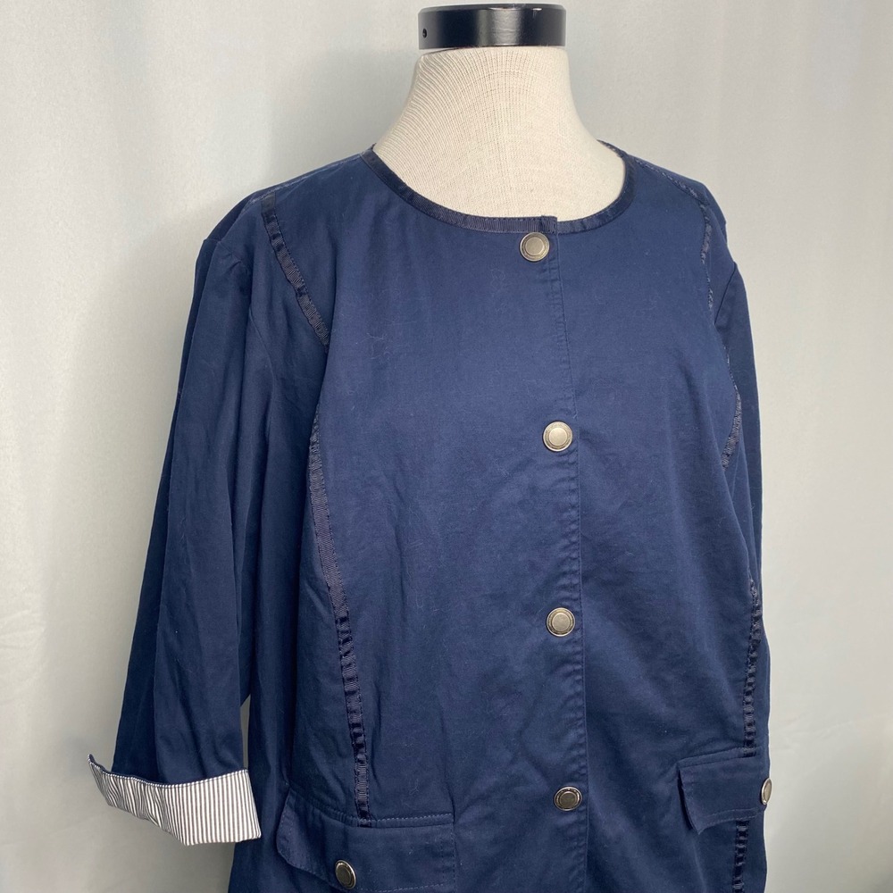 CJ Banks Navy Blue Snap Front Jacket 2X Plus 3/4 Sleeve Striped Cuff Utility